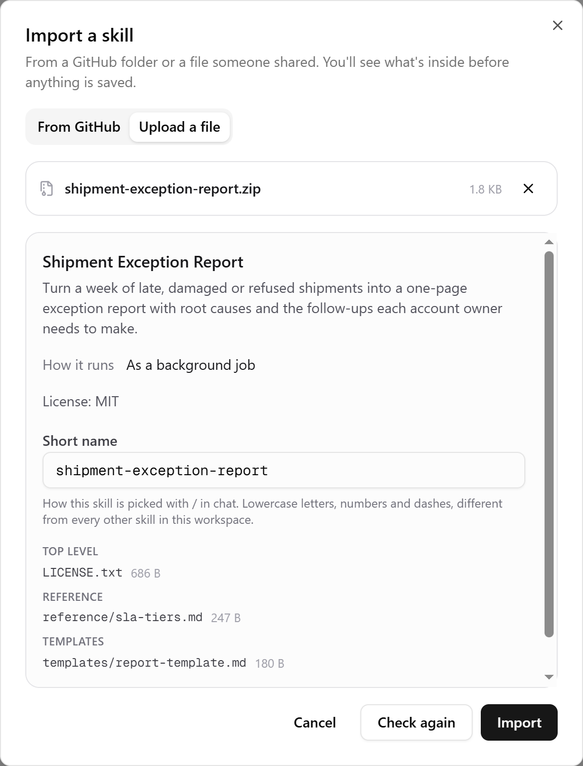 The Import a skill dialog showing the check report for a skill zip: its name, description, how it runs, its licence and the files inside.